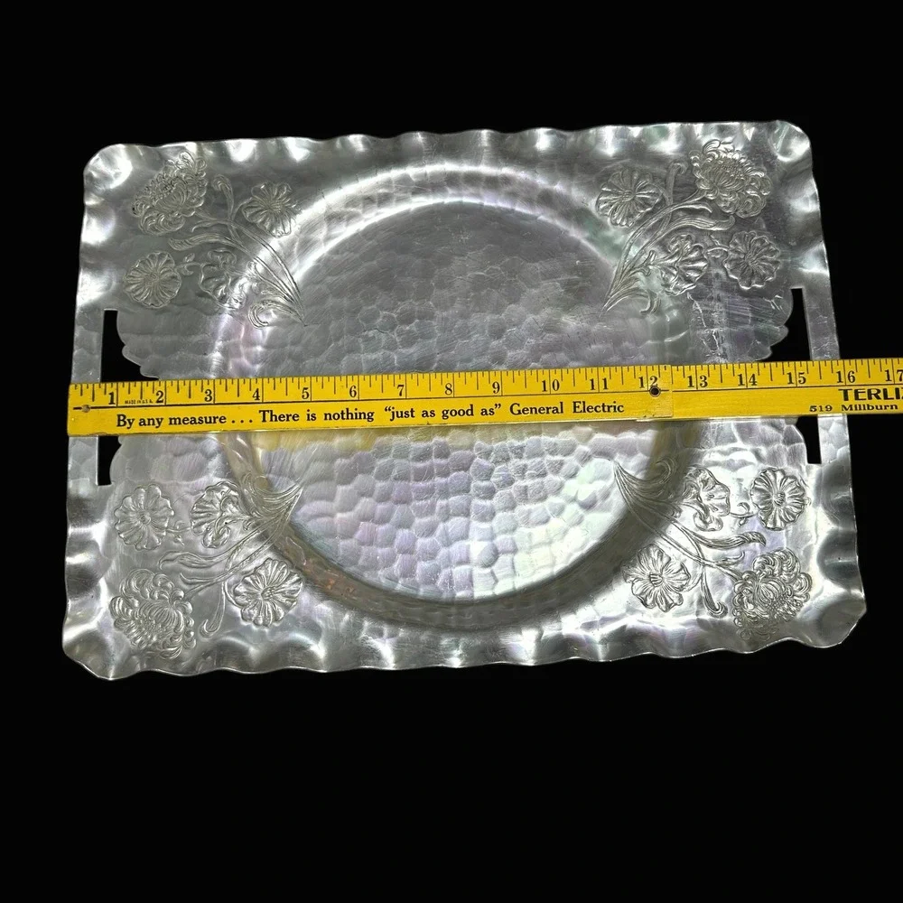 Vintage Hand Forged Hammered Aluminum Floral Serving Tray 88 Ruffled Edge 16.5in